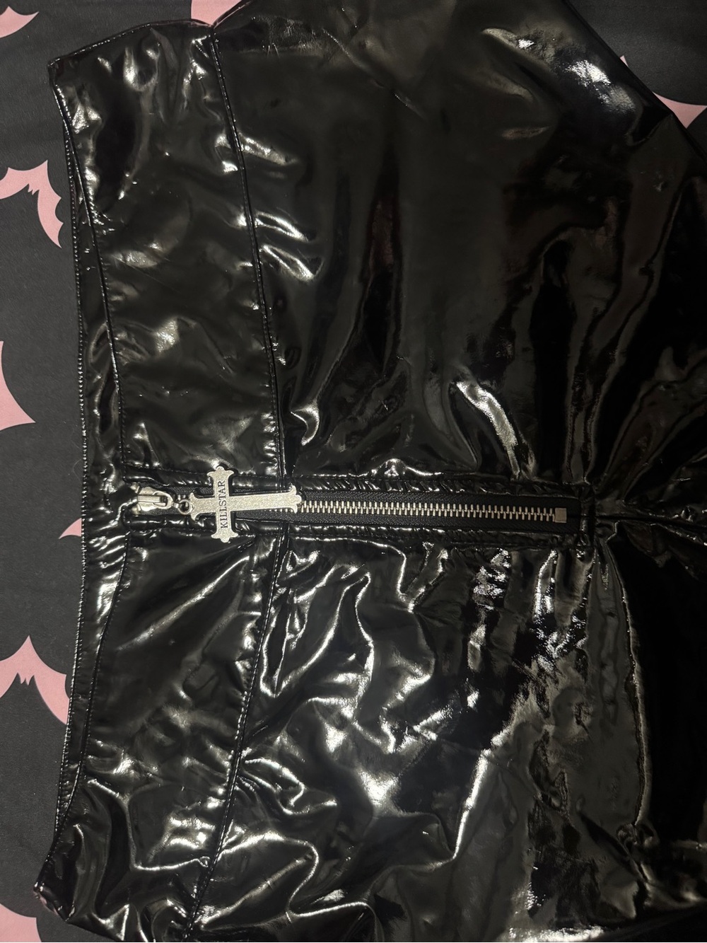 Killstar Black Patent Vinyl pants with cross zipper - Picture 6 of 6